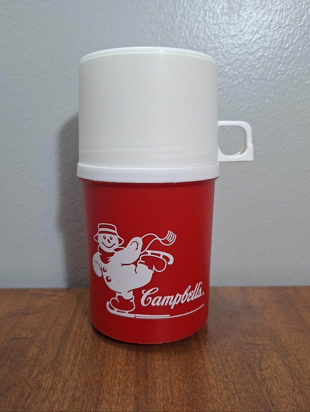 Vtg Aladdinware Campbell's Soup/Hot Beverage Thermos Mug Red Graphic Snowman